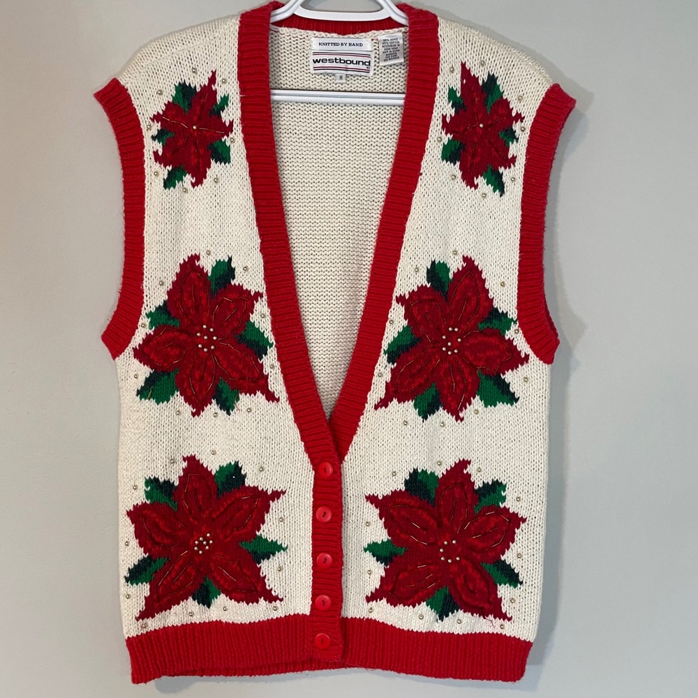 VTG Westbound Christmas Poinsettia Hand Knitted Beaded Sweater Vest Cream M READ